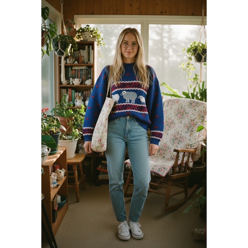 Private Eyes Sheep Sweater Medium Blue Heart Intarsia Knit Vintage 90s Grandma